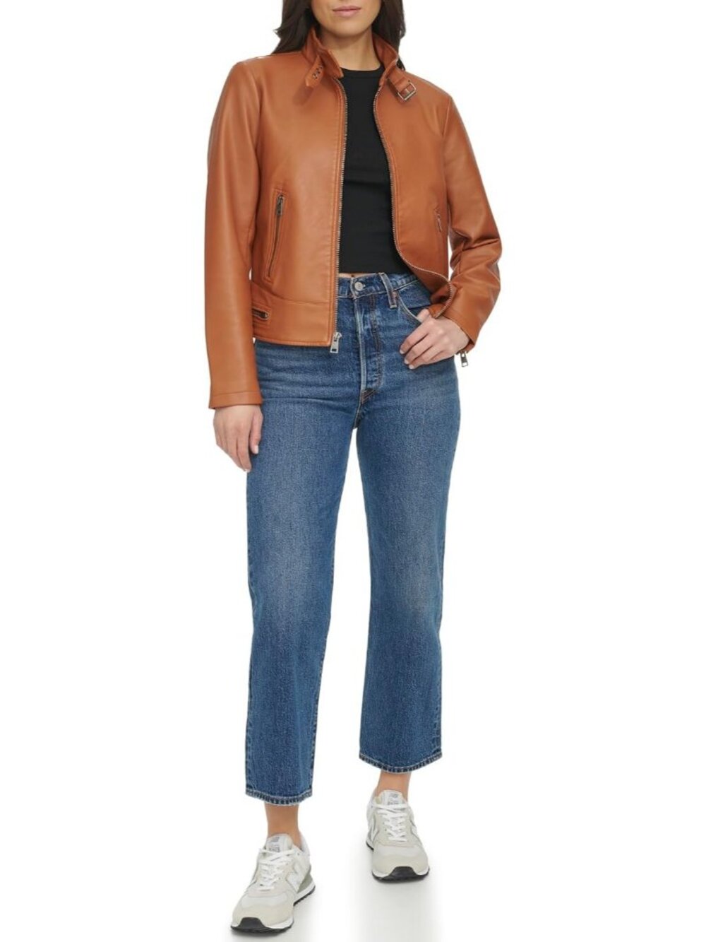 Women's Mocha Latch Faux Leather Motocross Snap Down Collar Casual Jacket